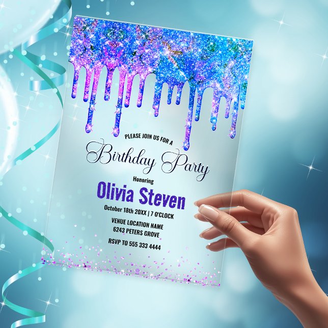 Chic blue purple ombre dripping glitter birthday  acrylic invitations (Creator Uploaded)