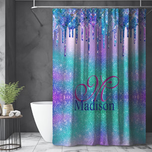 Chic blue purple ombre glitter drips monogram