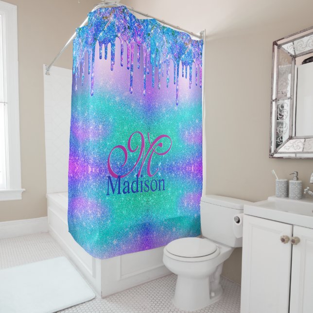 Chic blue purple ombre glitter drips monogram (In Situ)
