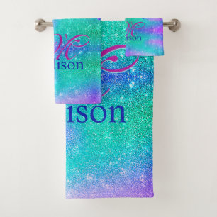 Chic blue purple ombre glitter drips monogram bath towel set
