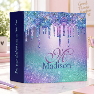 Chic blue purple ombre glitter drips monogram binder