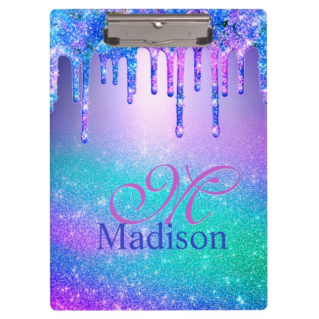 Chic blue purple ombre glitter drips monogram clipboard (Front)
