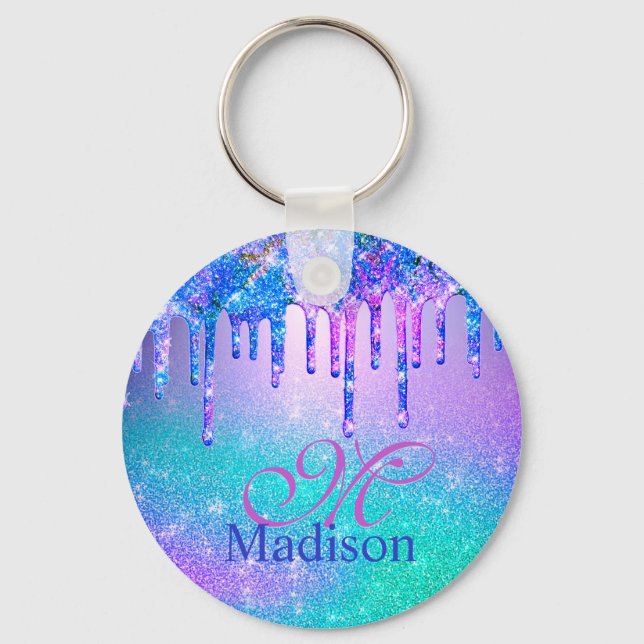 Chic blue purple ombre glitter drips monogram keychain (Front)