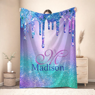 Chic blue purple ombre glitter drips monogram sherpa blanket