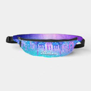 Chic blue purple ombre glitter drips printed fanny pack