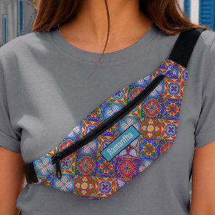 Chic Blue Purple Talavera Tile Monogram Pattern Fanny Pack