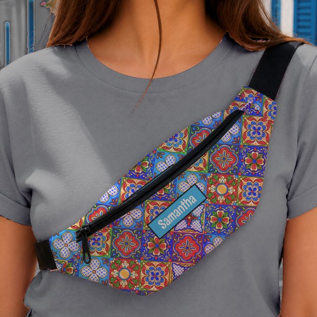 Chic Blue Purple Talavera Tile Monogram Pattern Fanny Pack (Creator Uploaded)
