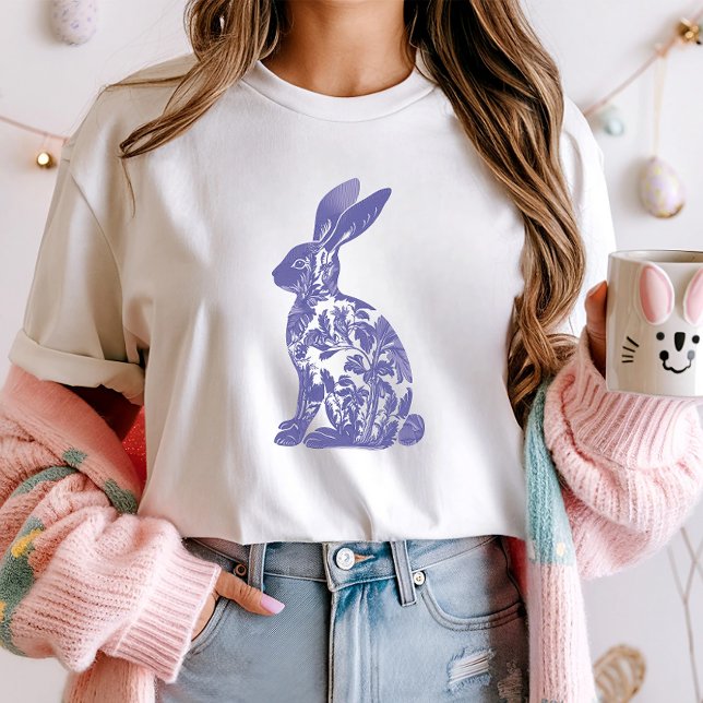 Chic Blue Rabbit Silhouette Tee; Floral Bunny T-Shirt (Creator Uploaded)