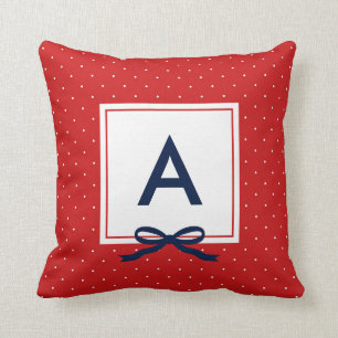 Chic Blue Ribbon Red Polka Dot Pattern Monogram Throw Pillow
