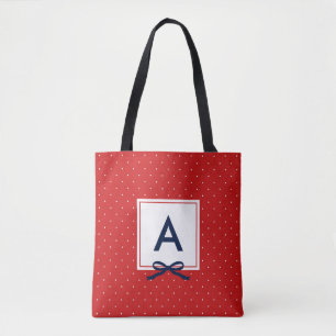 Chic Blue Ribbon Red Polka Dot Pattern Monogram Tote Bag
