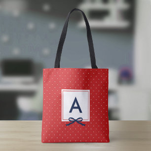 Chic Blue Ribbon Red Polka Dot Pattern Monogram Tote Bag