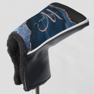 Chic Blue Rose Gold Agate Glitter Custom Monogram Golf Head Cover
