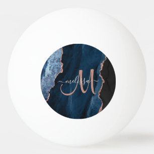 Chic Blue Rose Gold Agate Script Monogram Custom Ping Pong Ball