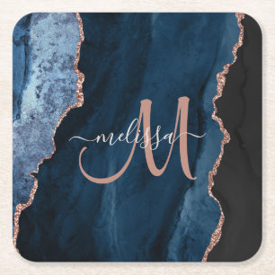 Chic Blue Rose Gold Agate Script Monogram Custom Square Paper Coaster