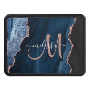 Chic Blue Rose Gold Agate Script Monogram Custom Trailer Hitch Cover