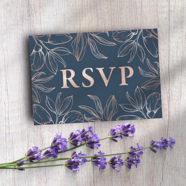 Chic Blue & Rose Gold Foliage RSVP QR code Wedding Card (Creator Uploaded)