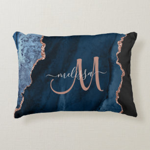 Chic Blue Rose Gold Glitter Agate Custom Monogram Accent Pillow