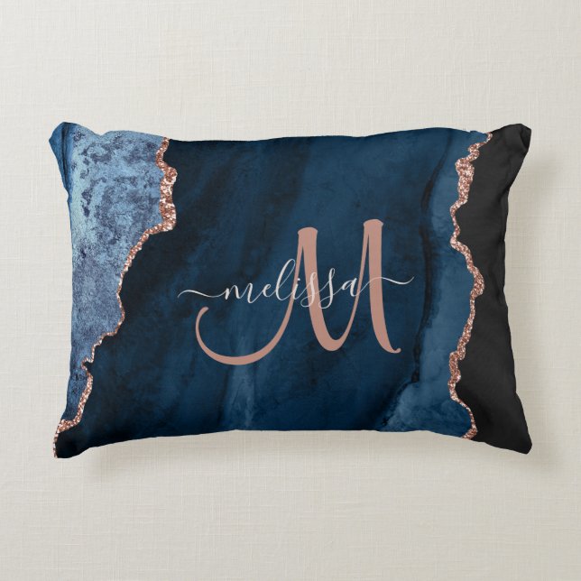 Chic Blue Rose Gold Glitter Agate Custom Monogram Accent Pillow (Front)
