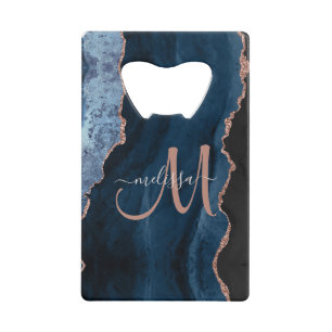 Chic Blue Rose Gold Glitter Agate Custom Monogram Credit Card Bottle Opener