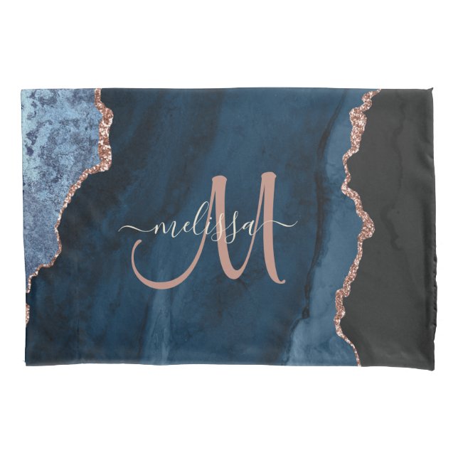 Chic Blue Rose Gold Glitter Agate Custom Monogram Pillowcase (Front)