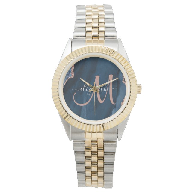 Chic Blue Rose Gold Glitter Agate Custom Monogram Watch (Front)