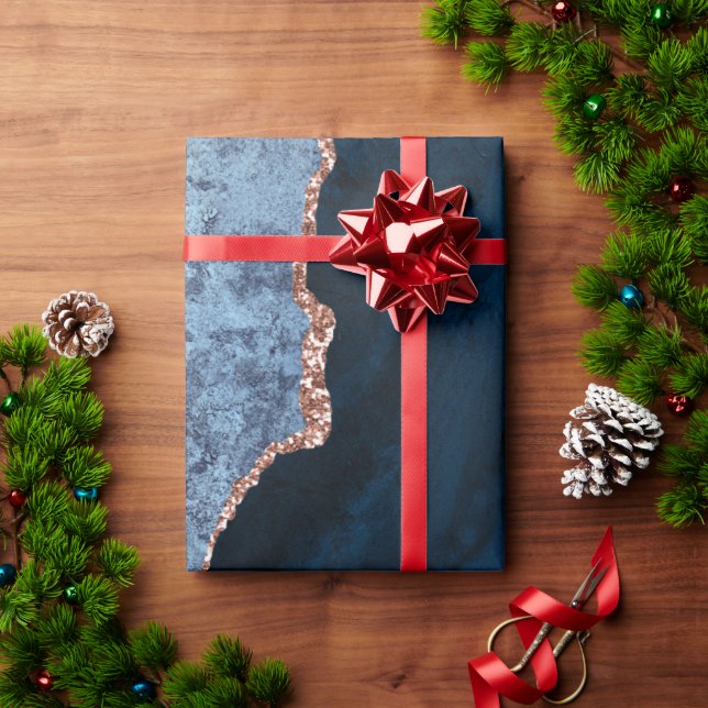 Chic Blue Rose Gold Glitter Agate Custom Monogram Wrapping Paper (Holiday Gift)