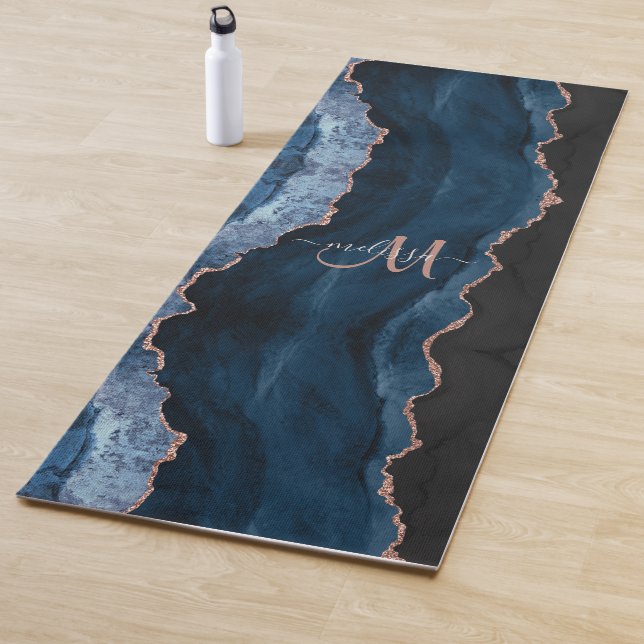 Chic Blue Rose Gold Glitter Agate Custom Monogram  Yoga Mat (In Situ)