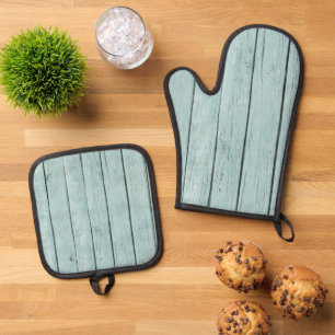 Chic Blue Rustic Wood Oven Mitt & Pot Holder Set