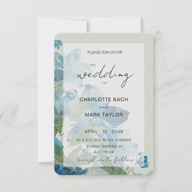 Chic Blue Sage Green Watercolor Floral Invitation (Front)