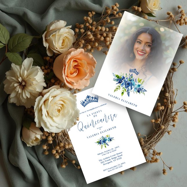 Chic Blue Shades Flowers & Foliage Princess Tiara  Invitation (Chic Blue Shades Flowers & Foliage Princess Tiara Mis XV Años Invitation Cards with Photo.)