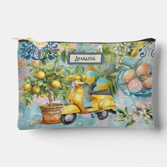 Chic blue sicilian citrus collage floral tiles accessory pouch (Front)