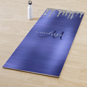 Chic Blue Silver Dripping Glitter Monogram Name Yoga Mat