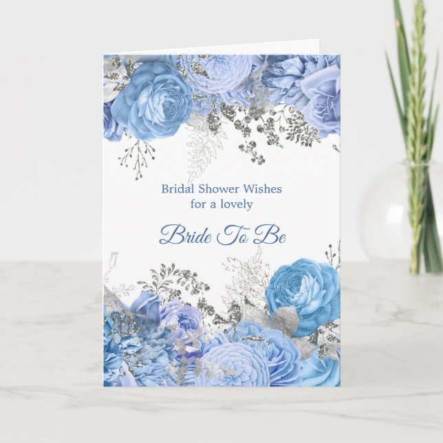 Chic Blue Silver Floral  Bridal Shower Card (Front)
