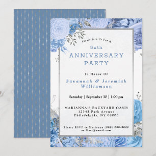 Chic Blue Silver Floral Customizable Anniversary Invitation