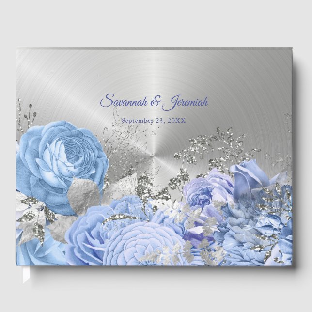 Chic Blue Silver Floral Customizable Wedding Guest Book (Front)