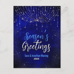 Chic blue silver glitter Christmas lights new year Postcard