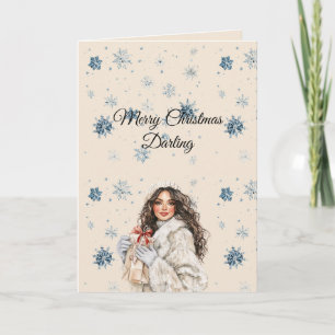 Chic Blue Snowflakes Brown Hair Female Card