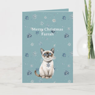 Chic Blue Snowflakes White Kitten Card