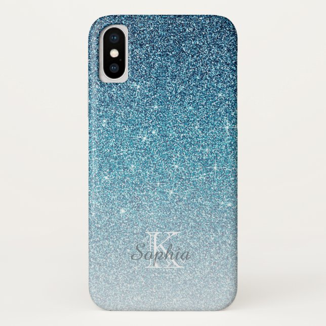 Chic Blue Sparkle Glitter Monogram Name Case-Mate iPhone Case (Back)