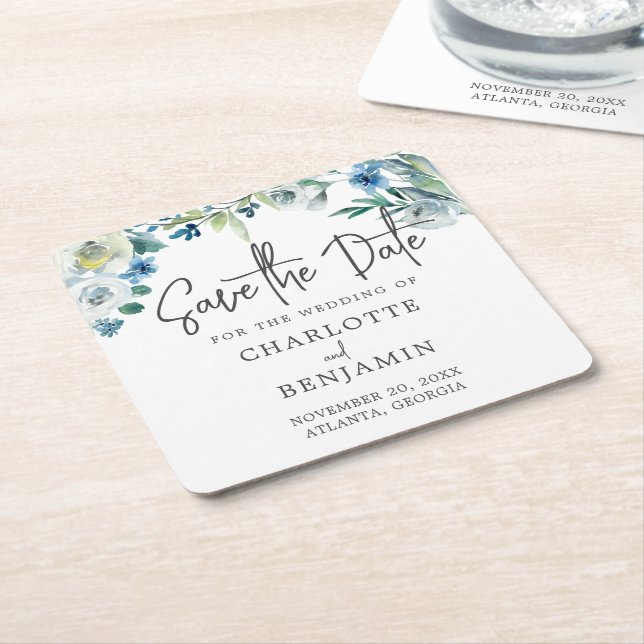 Chic Blue Spring Floral Save The Date Square Paper Coaster (Angled)