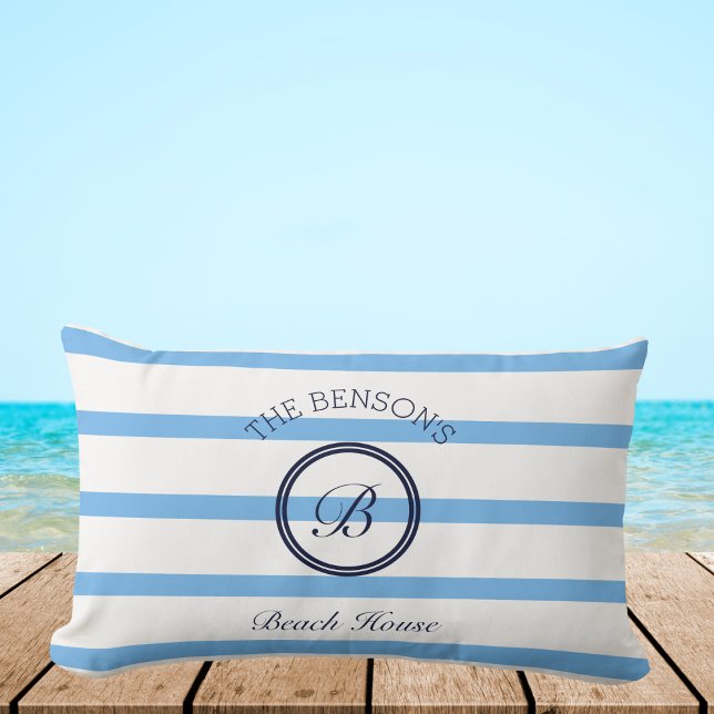 Chic Blue Stripes Monogram Family Beach House Lumbar Pillow (Creator Uploaded)