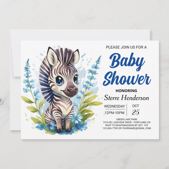 Chic Blue Surprise Zebra Boy Baby Shower Invitation (Front)