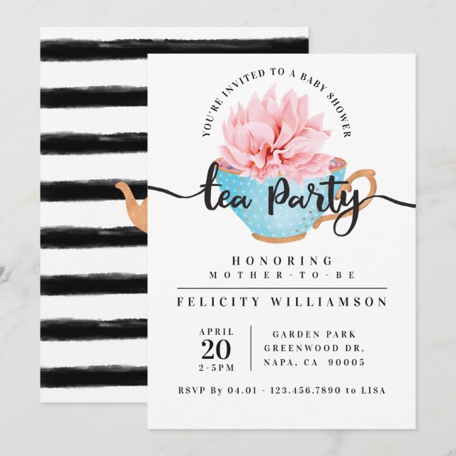 Chic Blue Teacup Tea Party Baby shower Invitation (Devant / Derrière)