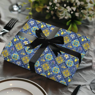 Chic Blue Teal Mediterranean Sicilian Citrus Wrapping Paper