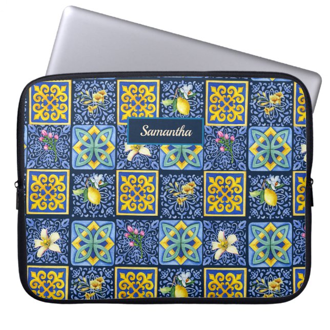 Chic Blue teal Sicilian citrus Mediterranean Laptop Sleeve (Front)