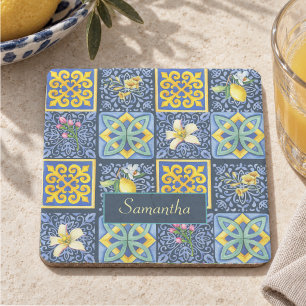 Chic Blue teal Sicilian citrus Mediterranean Stone Coaster