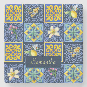 Chic Blue teal Sicilian citrus Mediterranean Stone Coaster