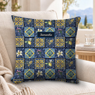 Chic Blue teal Sicilian citrus Mediterranean Throw Pillow