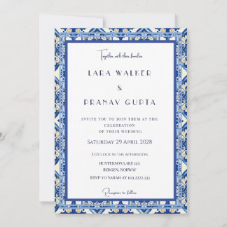 Chic Blue Tile Wedding Elegance Invitation