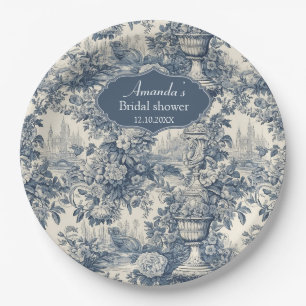 Chic Blue toile de jouy bridal shower Paper Plate